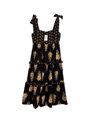 August Sky Black FloralTiered Midi Sundress NWT